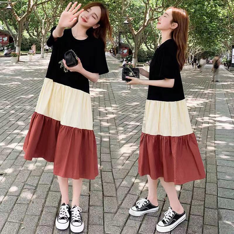 

Летнее платье для беременных 2024 контрастного цвета длиной до колена: Стильный дизайн с коротким рукавом, чтобы льстить и скрывать для беременных мам XL (recommended for 125-145 jin)