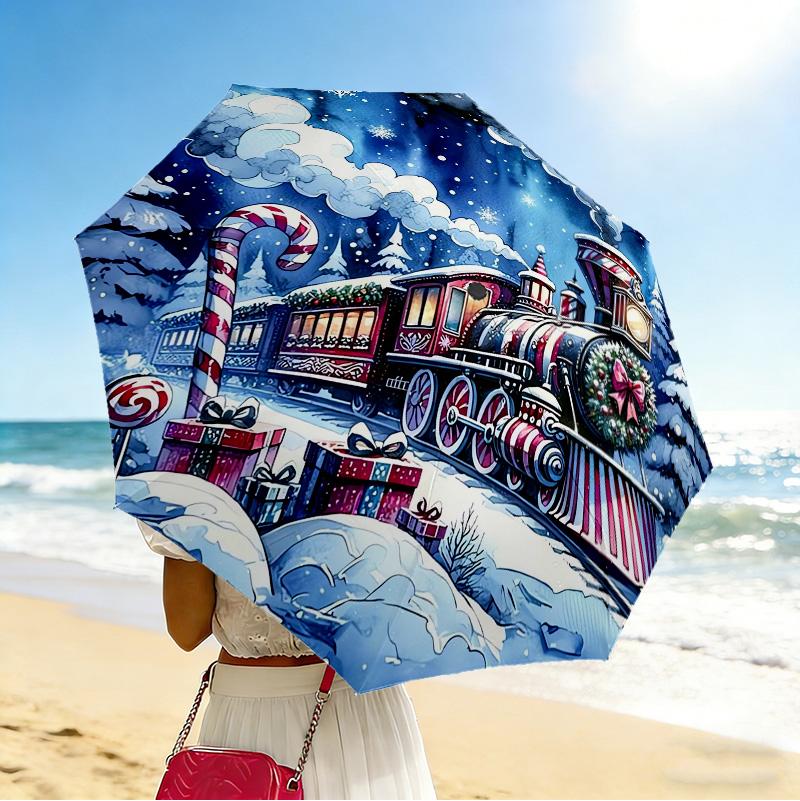 Christmas Train 8 Ribs 3Fold Black Glue Uv Protection Umbrella Sun Protection Rainproof Compact Folding Umbrella For Travel Daily Use C9241415