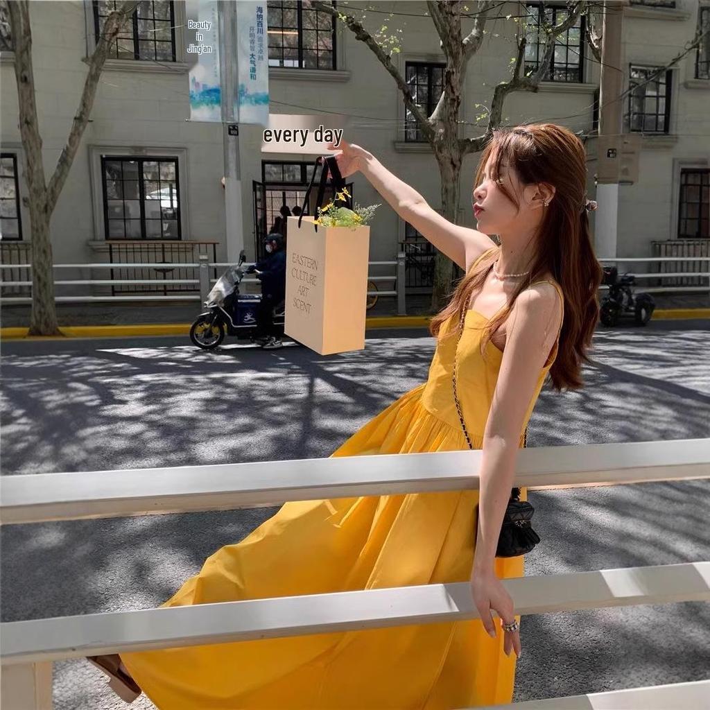 Yellow Spaghetti Strap Beach Vacation Dress: Women's Ruched Waist Slimming Backless A-line Long Dress