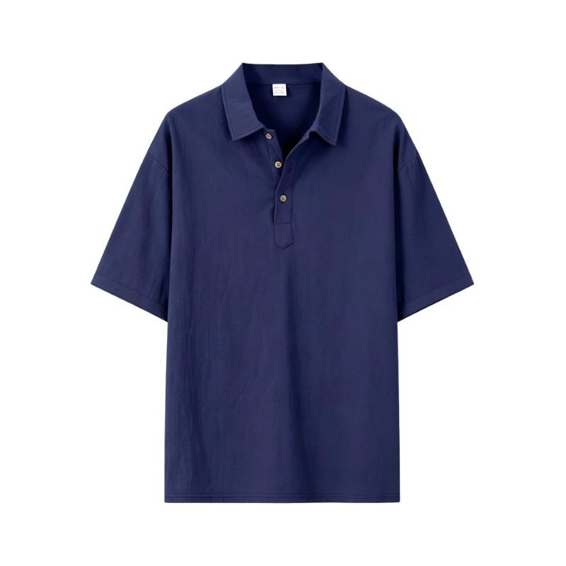 Men's Linen-Look Short Sleeve Polo Shirt Casual Button Placket Collared Top