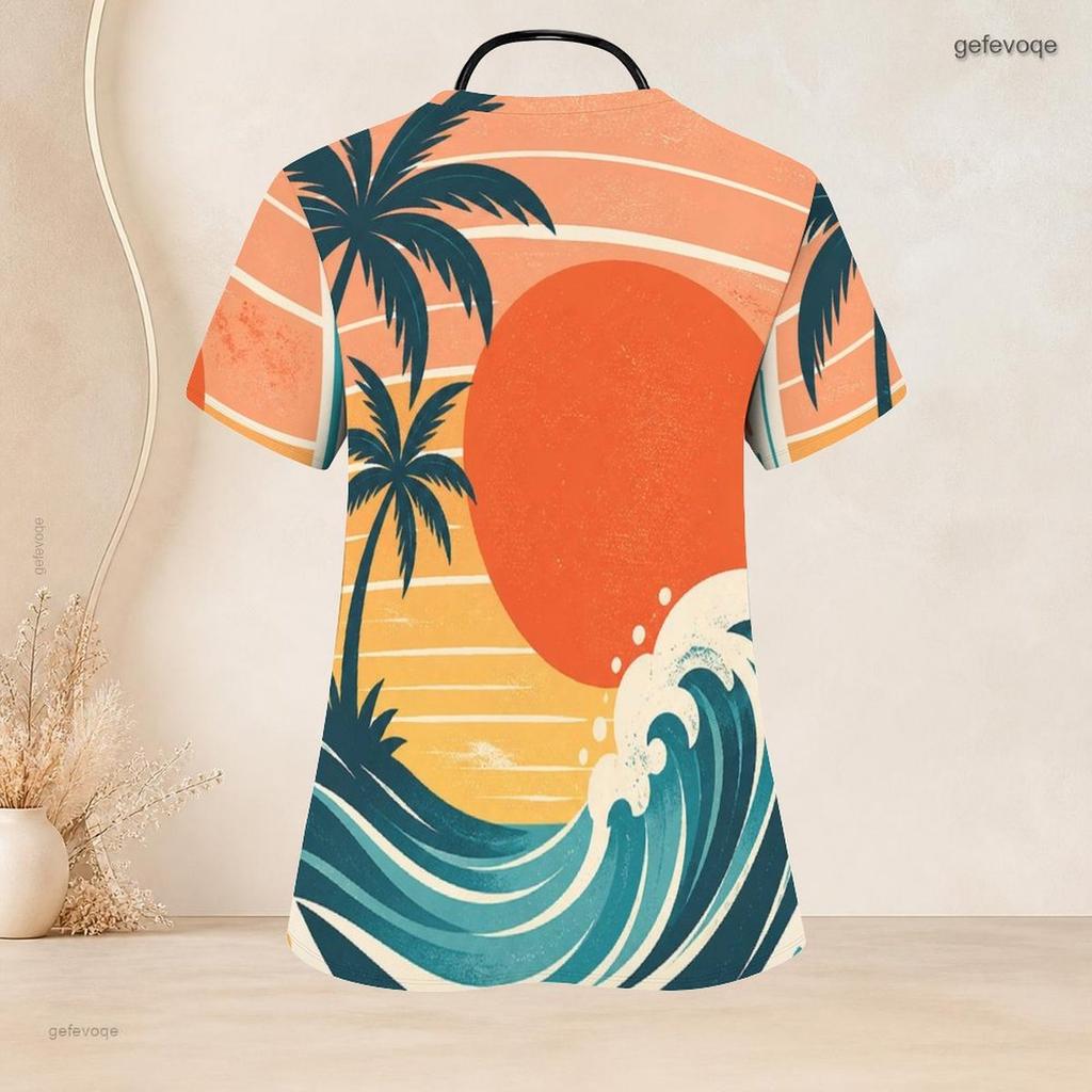 Women Plus Size V Neck Short Sleeve Tropical Print Nurse Scrub Top With Front Pockets