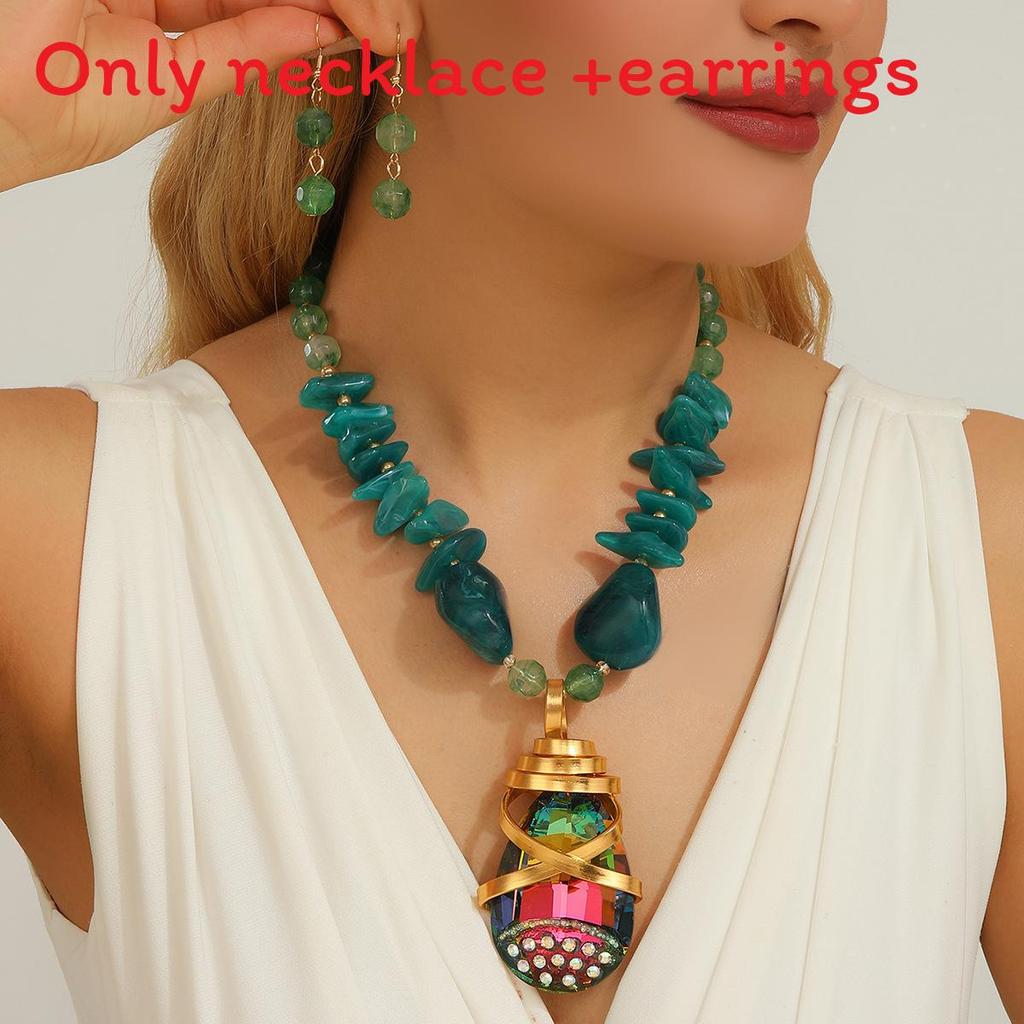 Summer Crystal Water Drop Pendant Necklace And Earrings For Womens Fashion Accessory зелёный