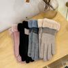 Women's Wool Warm Gloves for Autumn and Winter Korean Style Fashion Touch Screen Plus Velvet Thickened Riding Color Blocking Cold Hair Sticker Label
