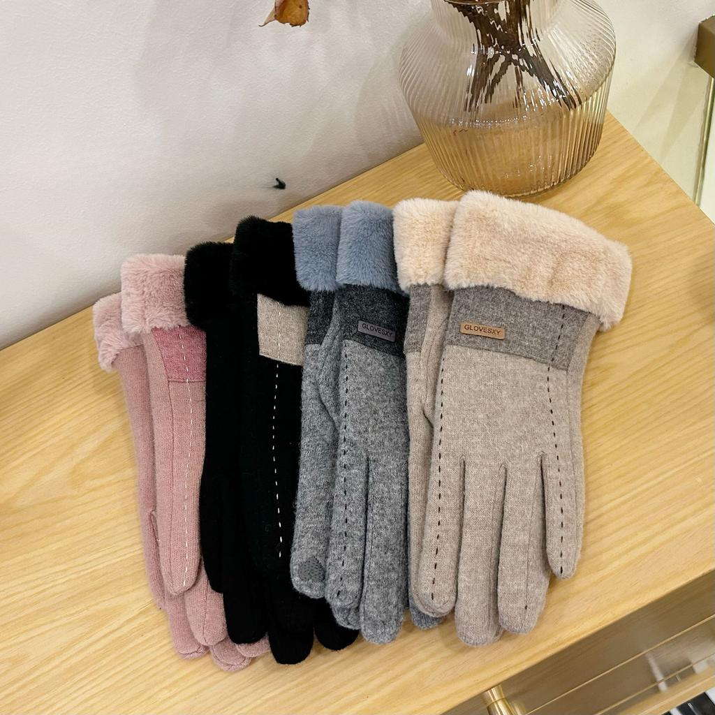 Women's Wool Warm Gloves for Autumn and Winter Korean Style Fashion Touch Screen Plus Velvet Thickened Riding Color Blocking Cold Hair Sticker Label