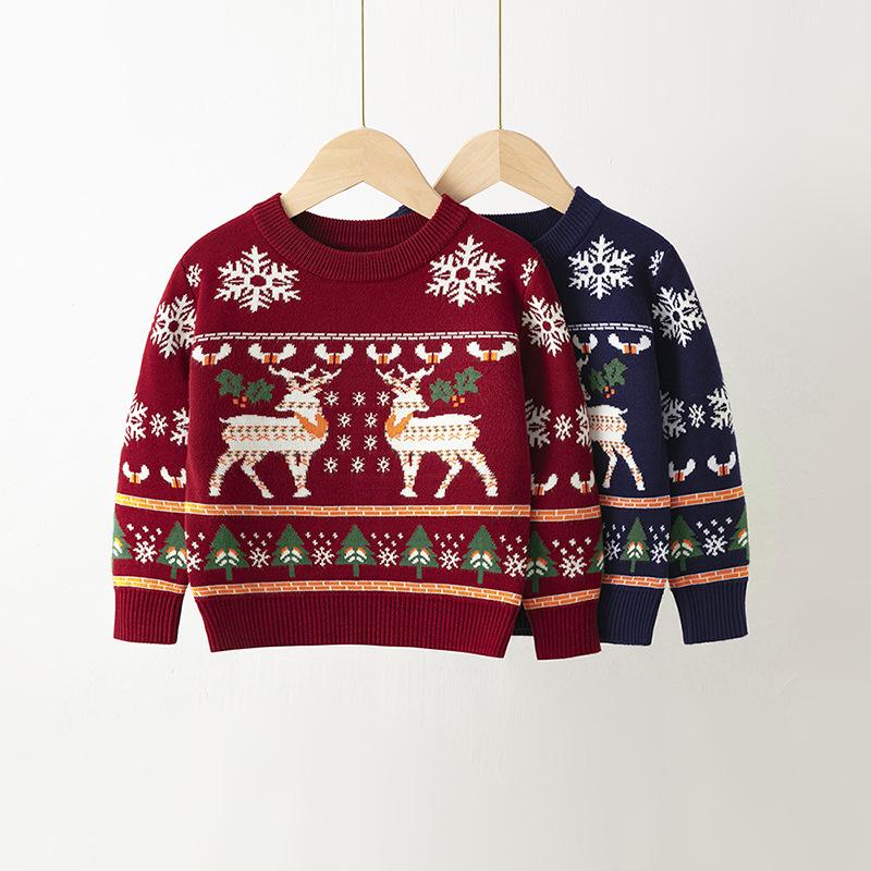 Christmas Sweatshirts Winter Boy Girl Print Knit Sweater Pullover Cotton Clothes Autumn Kids Slouchy Soft Clothing Knitwear
