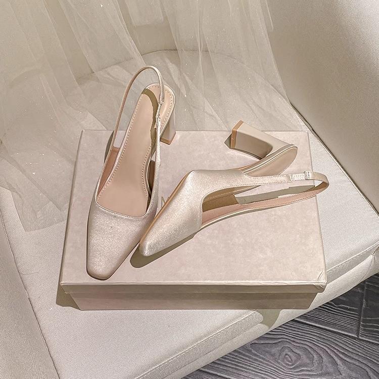 Coarse Heel High Heels Femininity Senior Summer Bag Head Empty Single Shoes 2025 New Satin Sandals