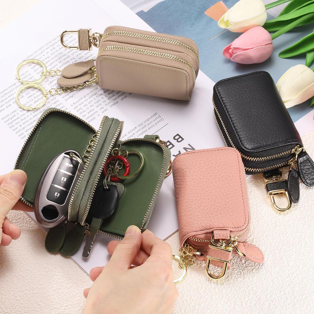 Genuine Leather Car Key Fob Case Universal Key Holder Double Zipper Key Case Bag Black [uxcell] Men's Women's