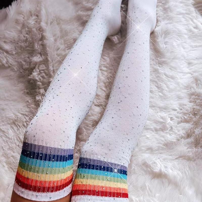 Damen Sexy Kristall Baumwollsocken Hohe Knie Über Knie Strümpfe One Size gray