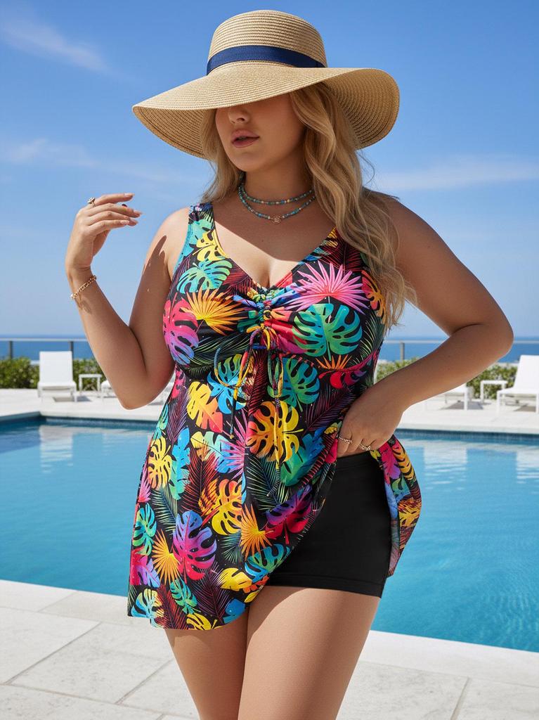 Plus Size Women's Colorful Tankini Swim Set with Skirt and Printed Briefs