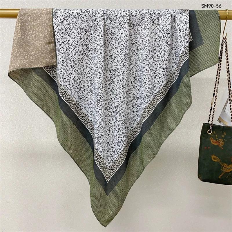 Double-Sided Faux Silk And Wool Printed Scarf For Women Spring And Autumn 90Cm Square Scarf Foulard Bandana Femmel Headscarf