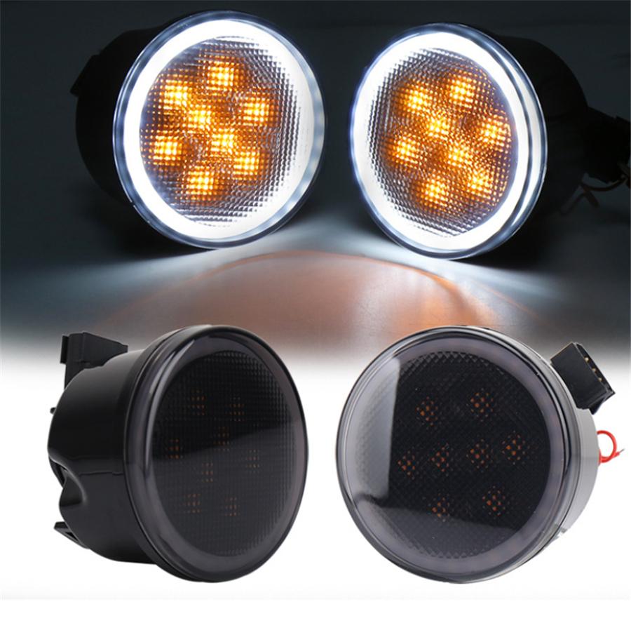 Pair LED Amber Grill Turn Signal Light for Jeep Wrangler JK 07-18 Halo Ring Angel Eye DRL Smoke Lens