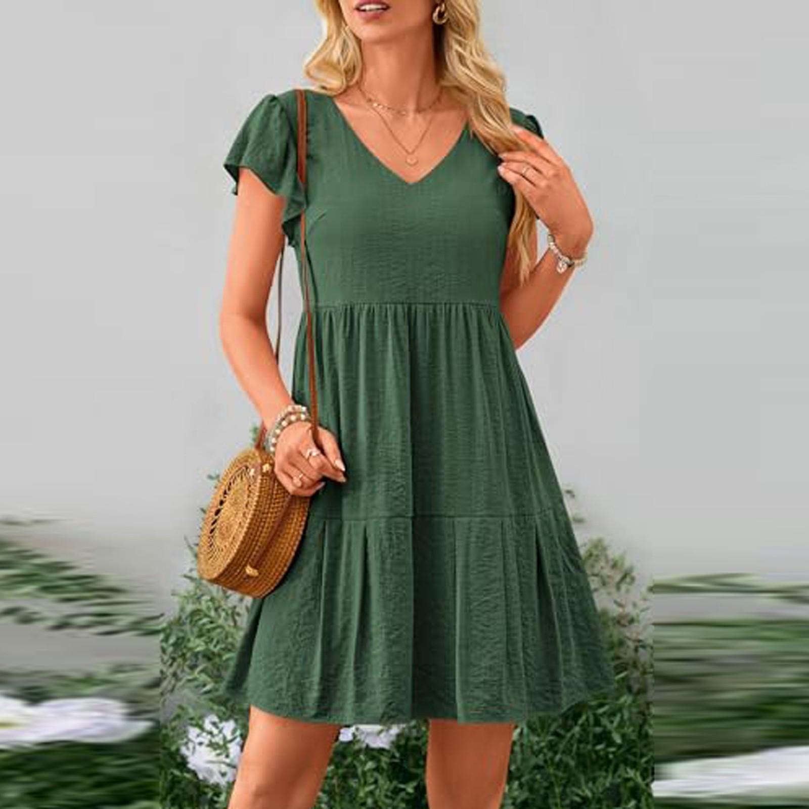 Женские летние повседневные однотонные платья с короткими рукавами и V-образным вырезом — фото 13