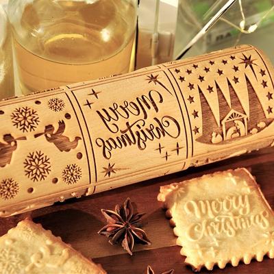 Wooden Rolling Pin Christmas Rolling Pin Baking Cookies Noodle Biscuit Fondant Rolling Pin Cake Dough Patterned Roller