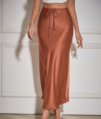 Spring Summer Solid Color Satin Long Skirt For Women High Waist Lace-Up Elegant Skirts