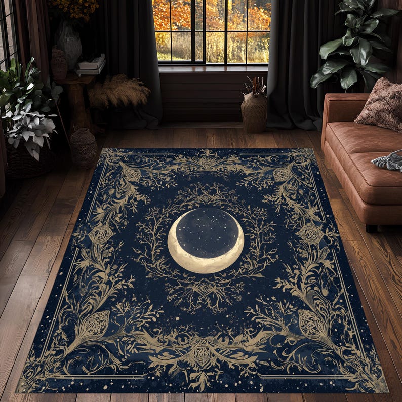 Crescent Moon Celestial Night Sky Rug Mystical Art Carpet Elegant Blue Living Room Decor Non-Slip Washable Floor Mat