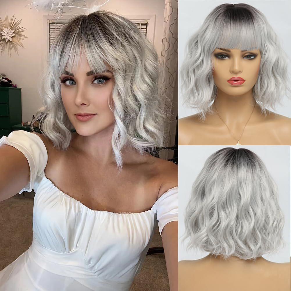 Short Wave Bob Wigs for Women with Bangs Medium Lenth Synthetic Natural Hair Wig for Daily Party Use