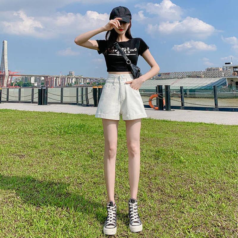 Double-breasted Denim Shorts for Women New High-waisted Slimming Loose Wide-leg Pants