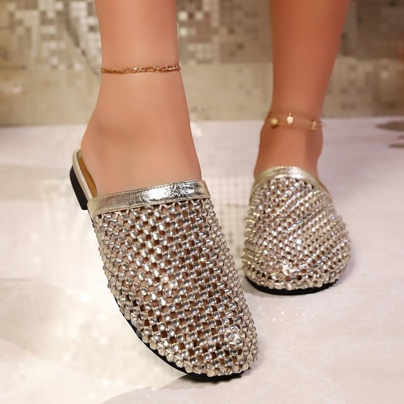 

Summer new round head half drag hollow diamond summer sexy flat bottom sandals 44 золотой