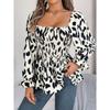 Women's Autumn and Winter Casual Wooden Ear Edge Square Collar Leopard Print Long Sleeve Top
