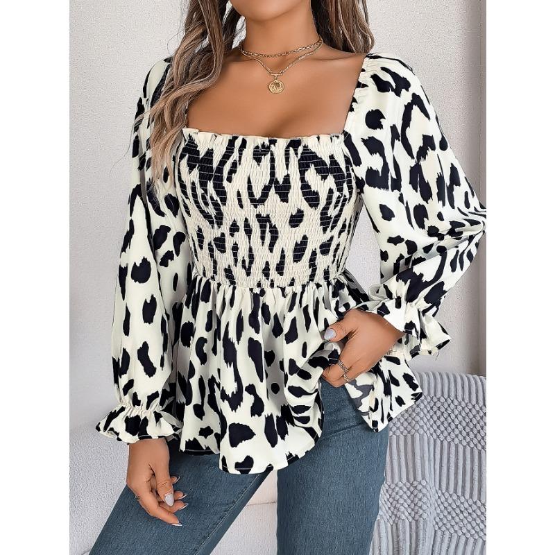 Women's Autumn and Winter Casual Wooden Ear Edge Square Collar Leopard Print Long Sleeve Top