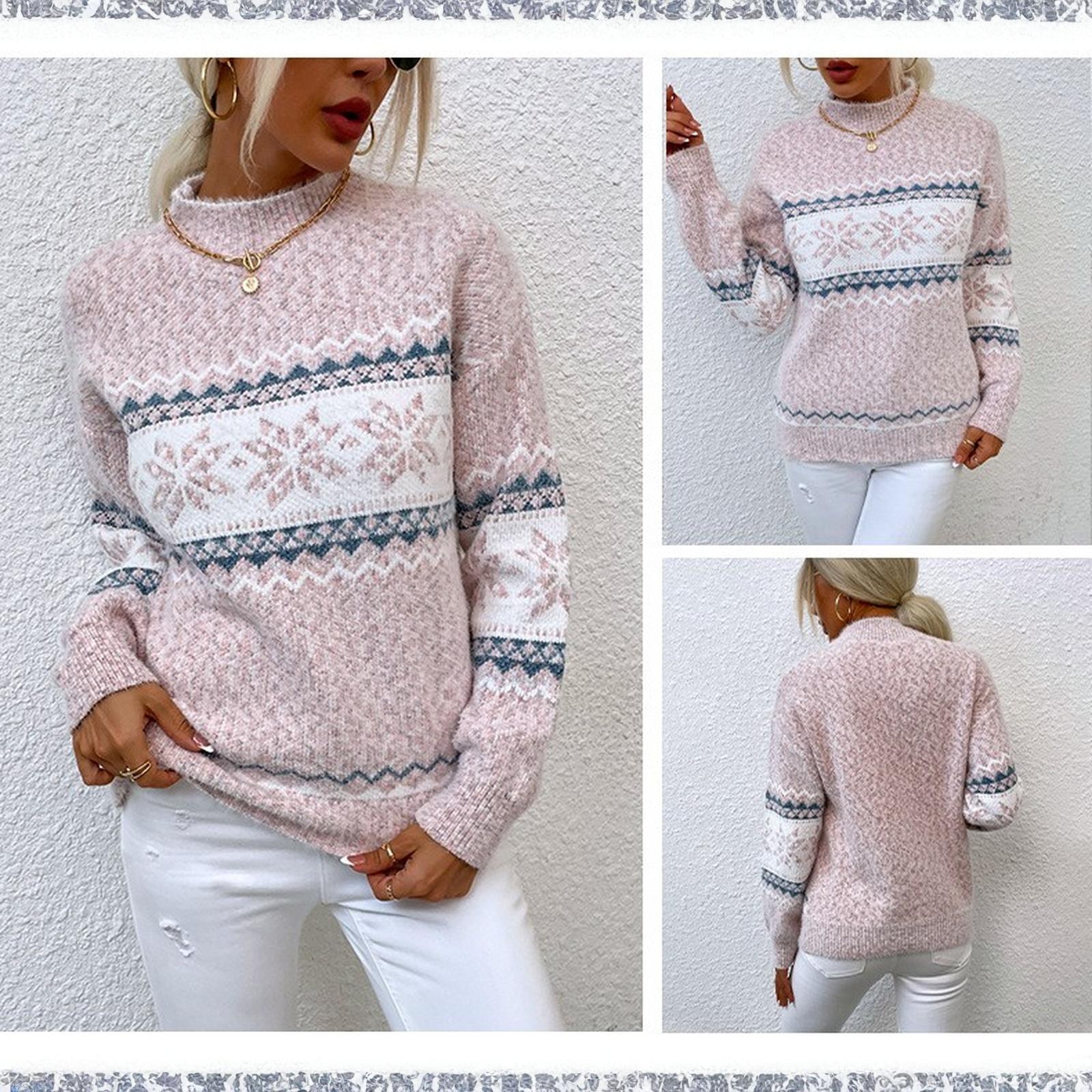 

Рождественский вязаный свитер женский с высоким воротом, пуловер со снежинками S розовый