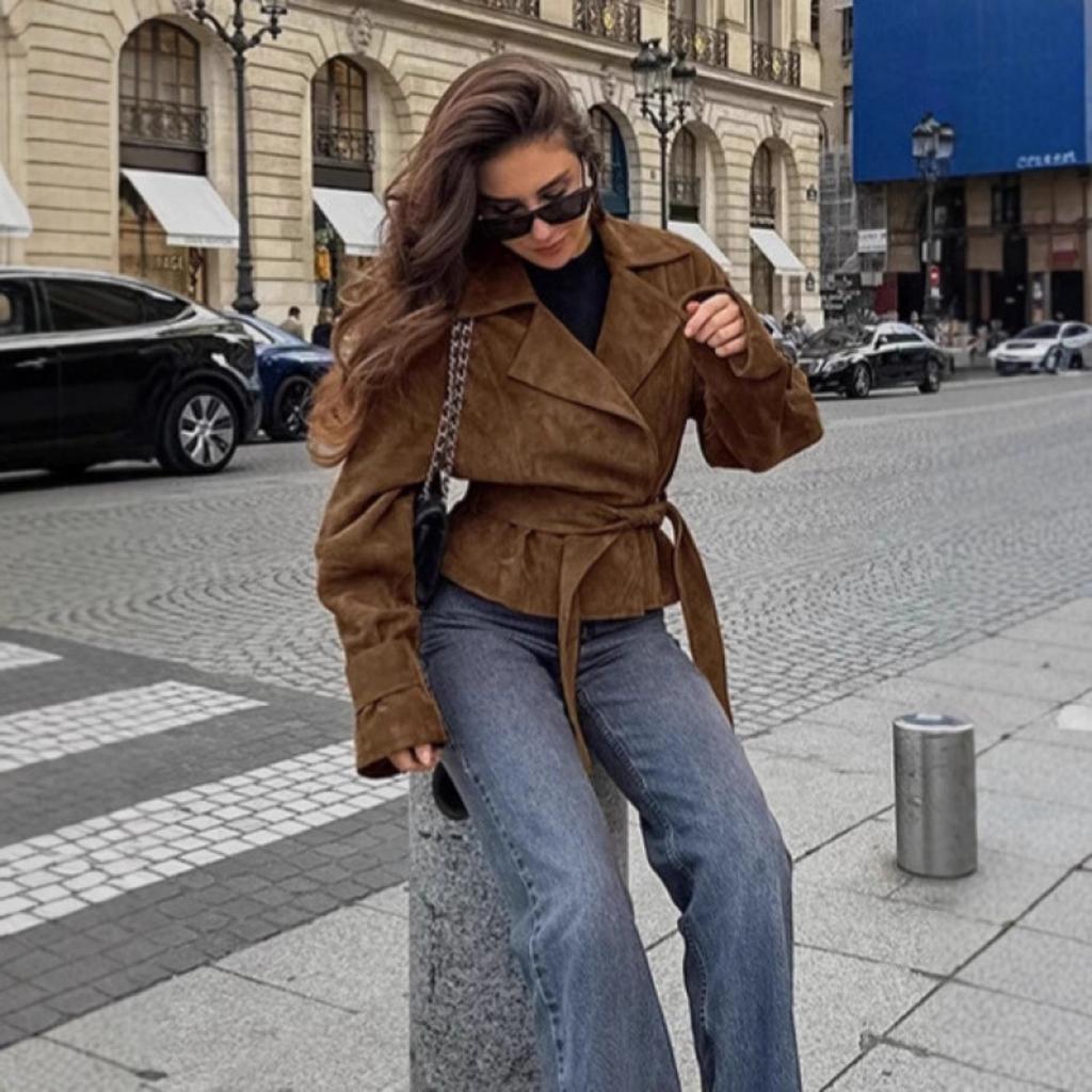Neuer Vintage Wildleder Kunstleder Revers Gürtel Blazer Mantel, Elegante Pendler Freizeitjacke Für Damen, Herbst Tägliches Outfit Großhandel