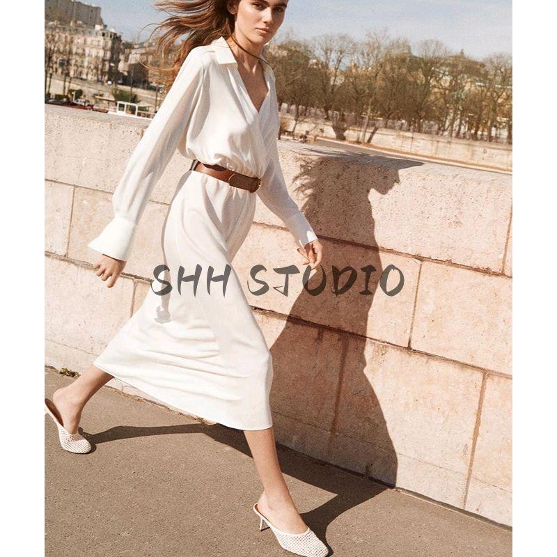 Spring New Women's Clothing Work Clothing Casual V-neck Long Sleeves with Belt Silk Satin Texture Dress 2298053