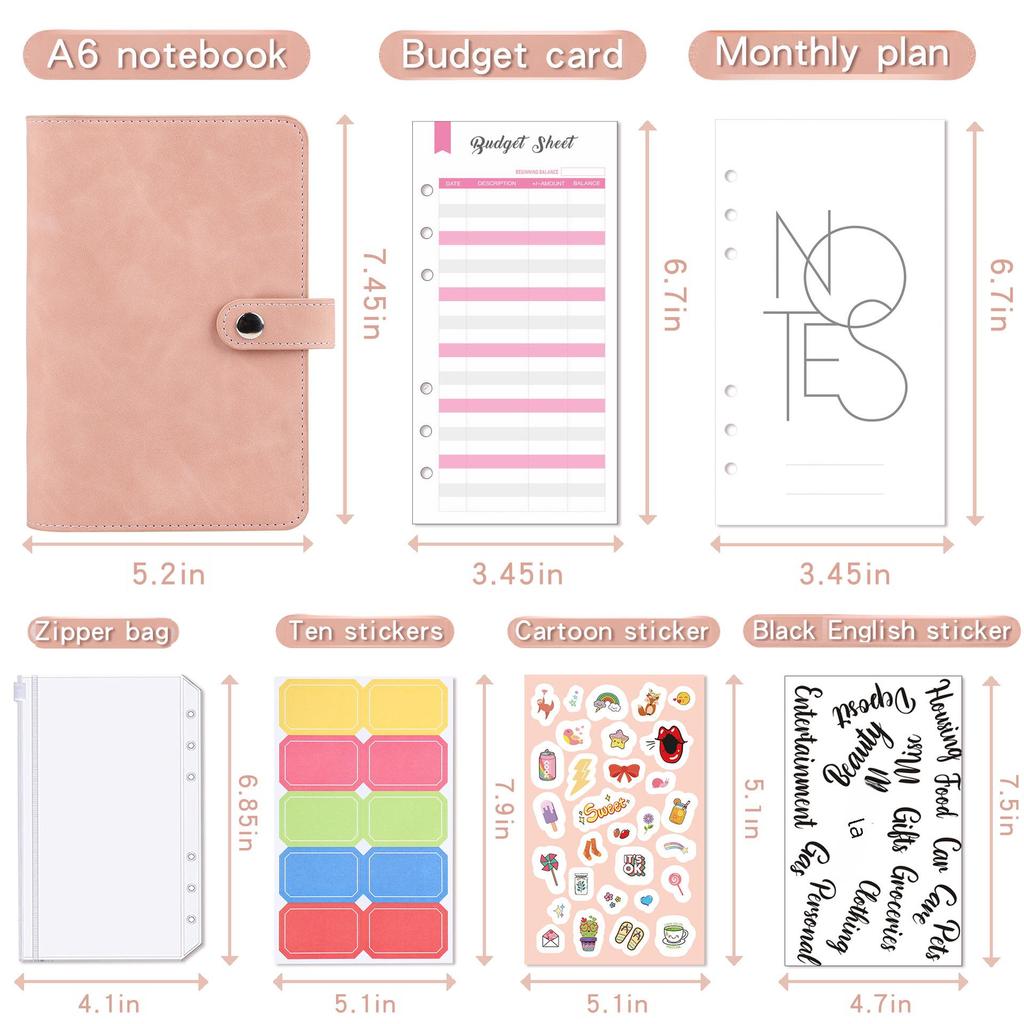 A6 Macaroon Leather Notebook Binder with 12 Refillable Zippered Pockets for Bills and Coins