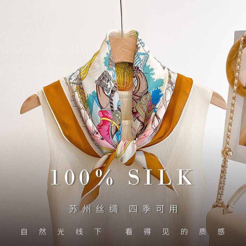 Spring New Harness Double Crepe Handmade Hemming Silk Scarf Fashion Light Luxury 70 Silk Square Scarf 100% Mulberry Silk Silk Scarf