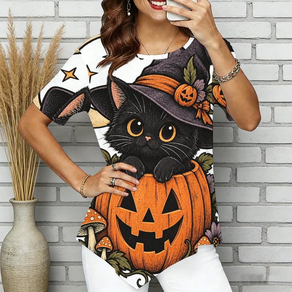 Womens Plus Size Short Sleeve Top Western Cowboy Skeleton Pumpkin Floral Print Irregular Pointed Hem Casual Blouse