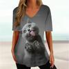 Summer V-neck 3D Cartoon Cat Printed Top Fashionable Casual Short Sleeved Women's T-shirts