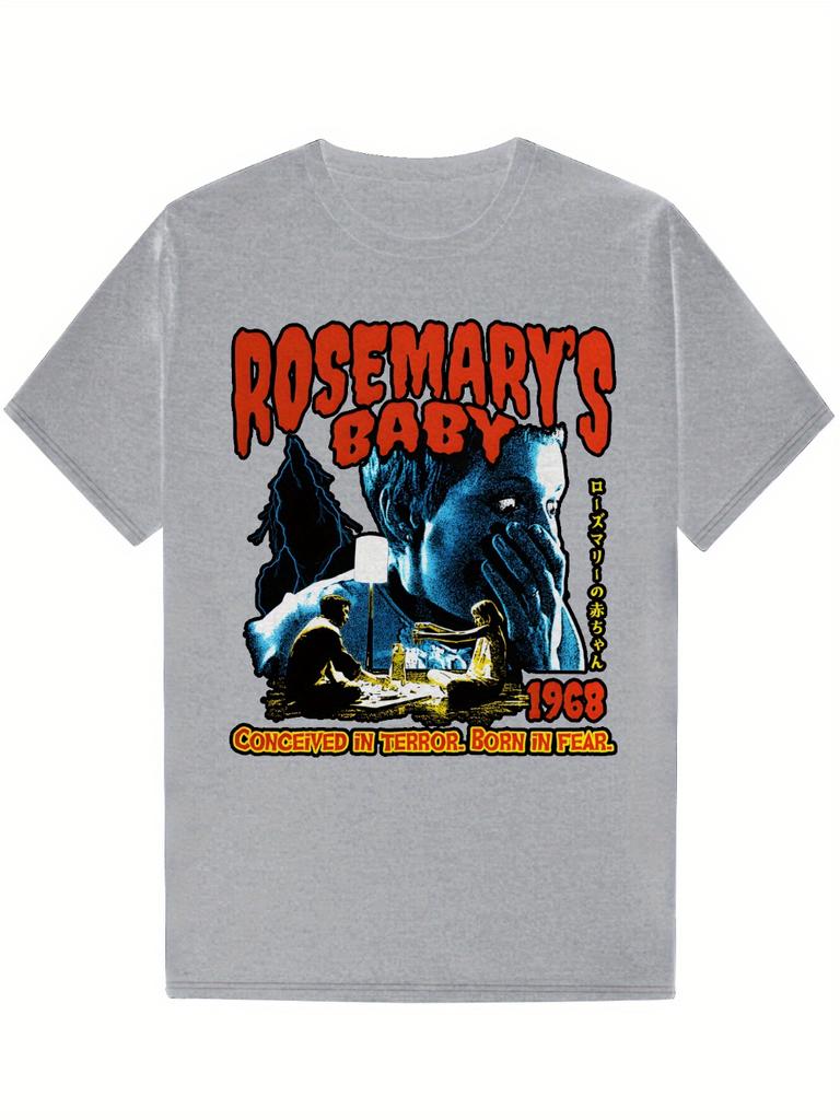 MenS Casual Crew Neck Cotton TShirt with RosemaryS Graphic Design 1968 Horror Movie Theme Graphic Short Sleeve Shirt
