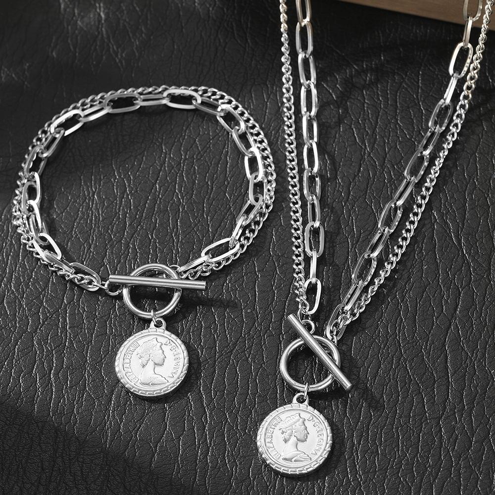 Stainless Steel Jewelry Set Hanging Coin Multi-Layer Chain Design Bracelet Necklace Ladies Jewelry Set For Women Jewelry Gifts