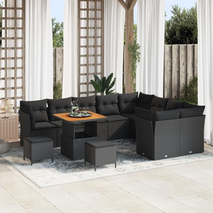 Ensemble de canapé de jardin 12 pièces avec coussins en noir, rotin poly et acacia, Ensemble de repas de jardin 3 pièces 3361519