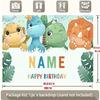 Watercolor Style Dinosaur Birthday Backdrop, Customizable Name Cute Cartoon Dino Background with Tropical Leaves