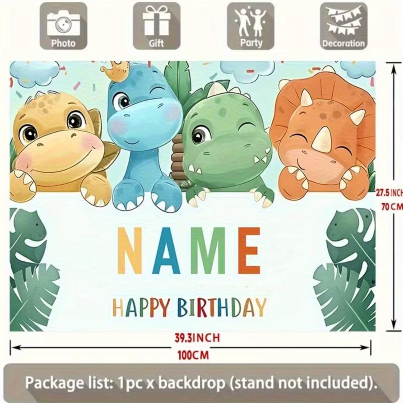 Watercolor Style Dinosaur Birthday Backdrop, Customizable Name Cute Cartoon Dino Background with Tropical Leaves