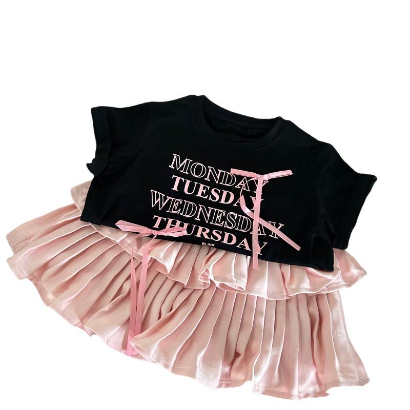 Korean Style Girls' Letter Print T-Shirt & Pleated Skirt Set - 2025 Summer Collection