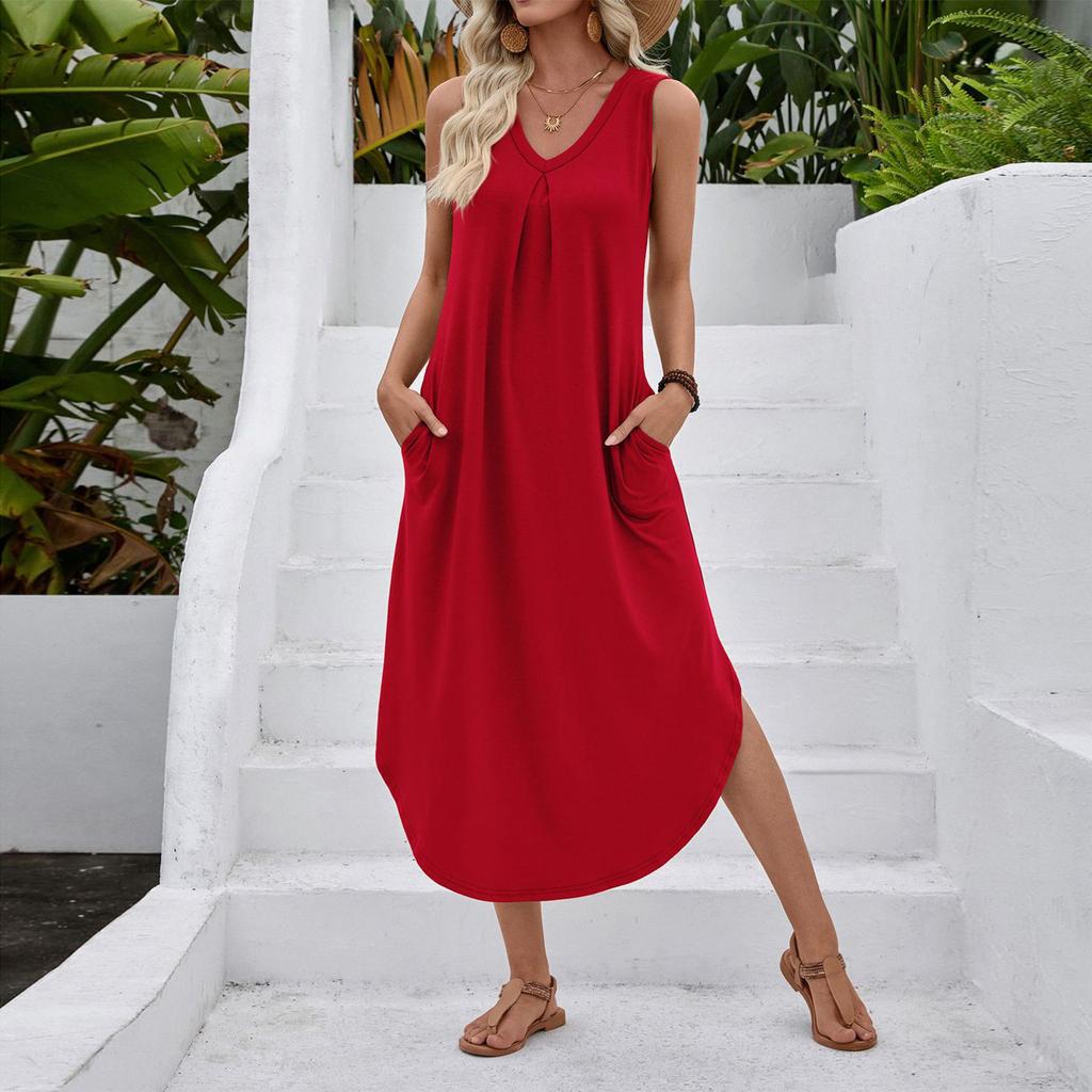 Women's Fashionable Color V-neck Sleeveless Vest Dress With Pleated A-line Beach Pocket Dress