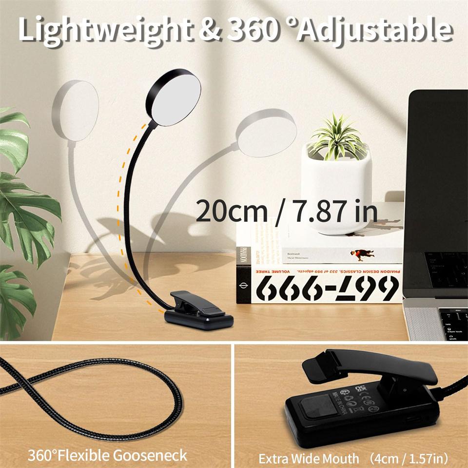 

Rechargeable Book Light Reading Lights for Books in Bed ,3 Color Clip on Books Lighting Great for Readers in night reading