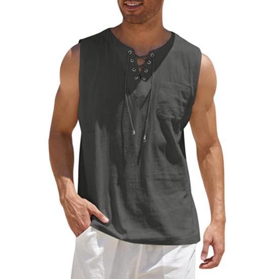

Men s Sleeveless T-shirt Lace Up V-Neck Loose Fit Blouse with Chest Pocket Solid L