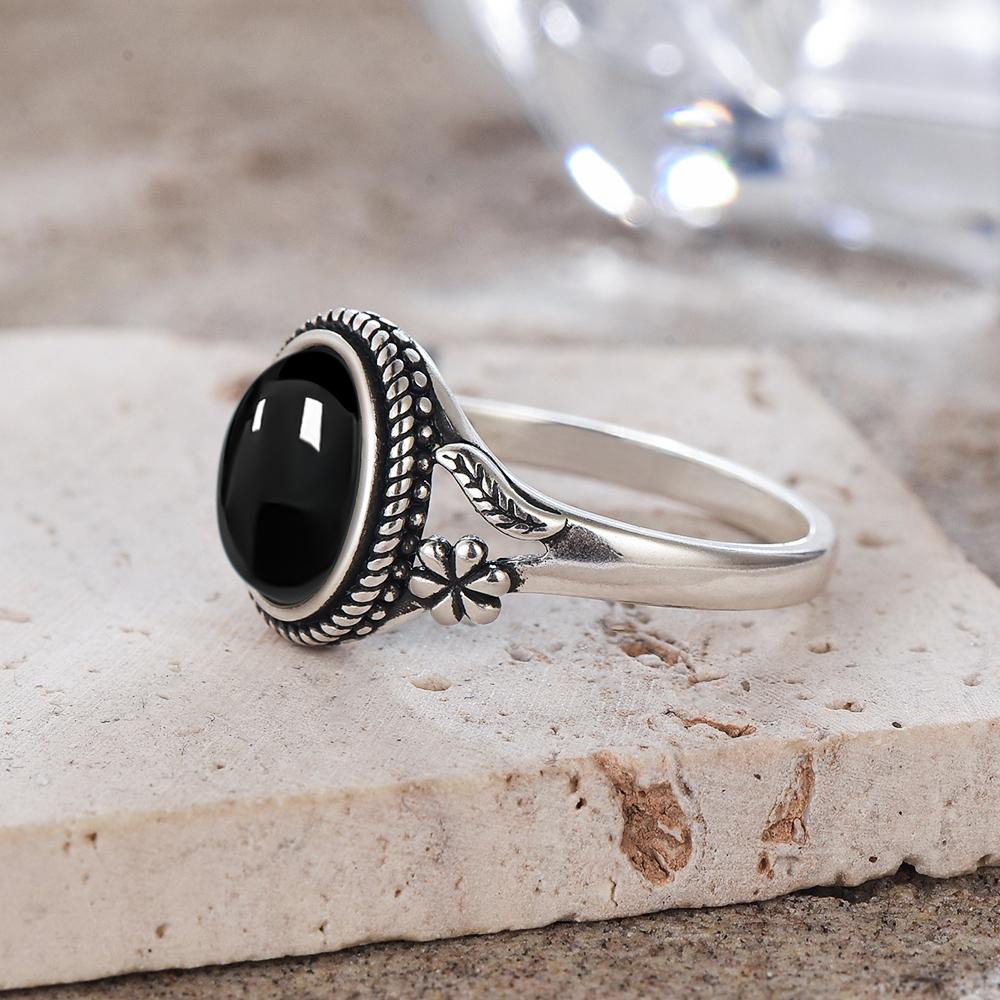 Vintage  Sterling Silver Natural Black Onyx 8*10mm Ring Flower Shaped Ring Fine Jewelry Finger Ring For Women