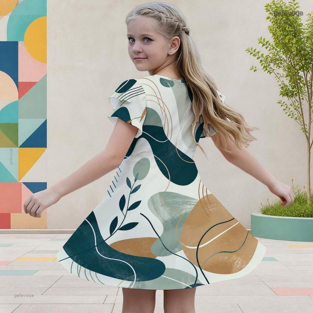 Girls Round Neck Flutter Sleeve A Line Abstract Printed Dress