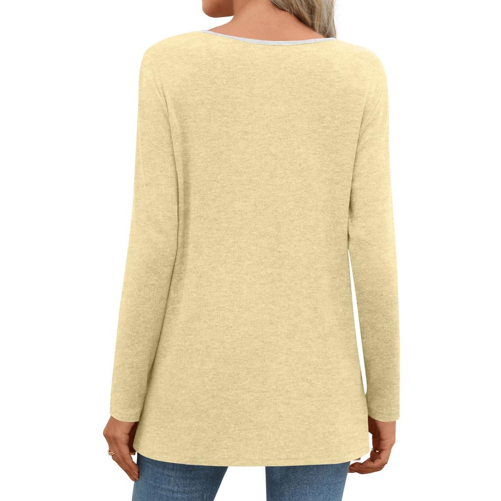 Women's Fashion Casual Solid Color Round Neck Long Sleeve Button Tops On Both Sides