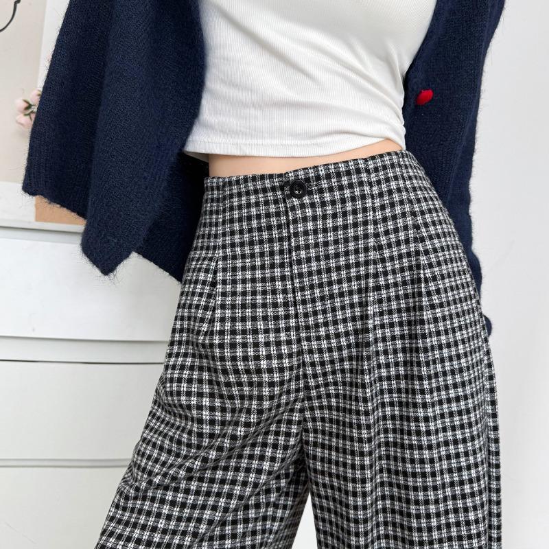 Black and white plaid wide-leg pants women's new autumn loose and lazy wind drape loose straight casual pants
