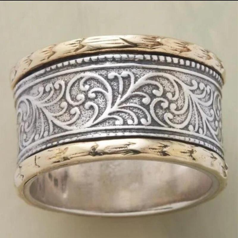 European and American Fashion Retro Carved Ring with Tang Grass Pattern - Wide Band Wrist Jewelry Size 8
