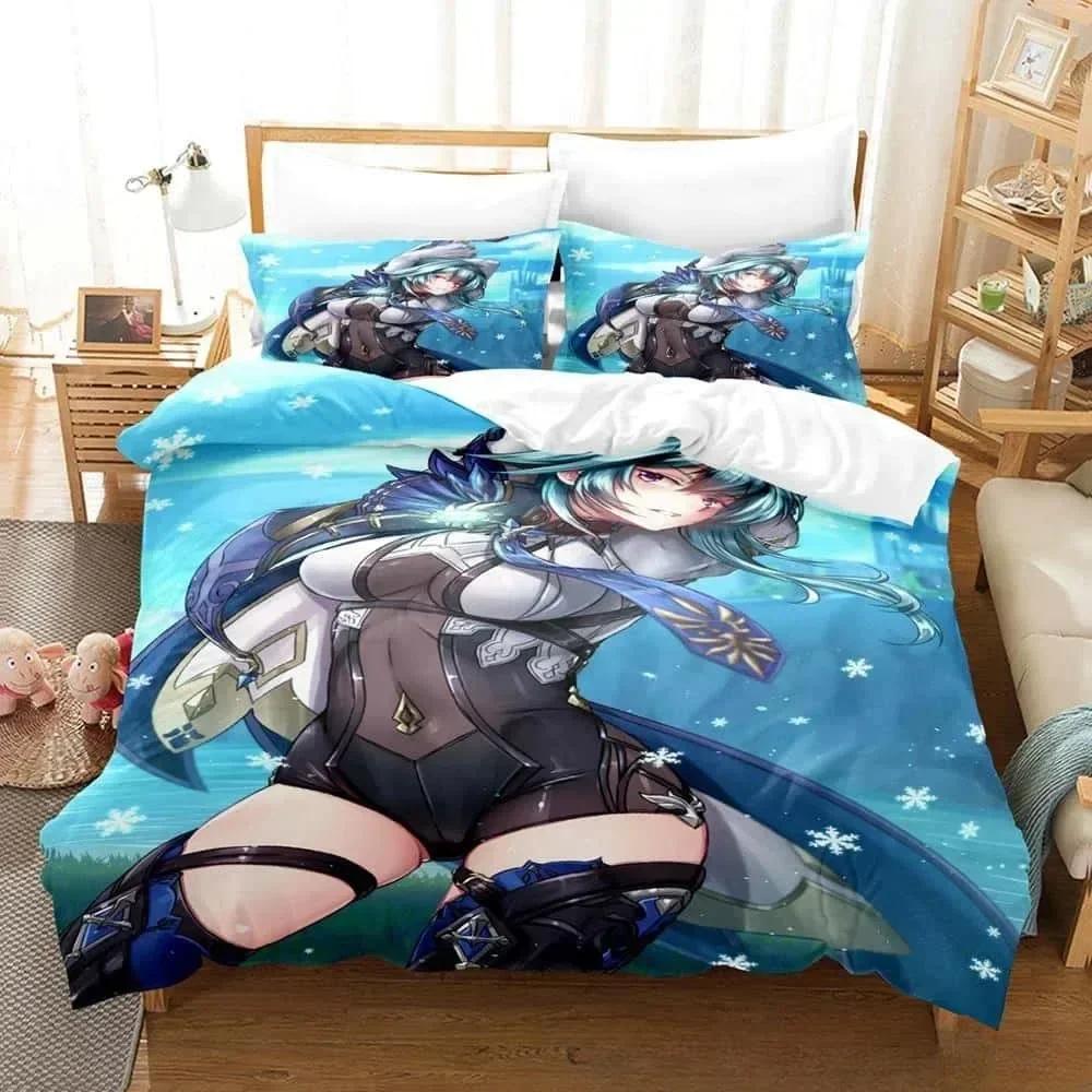Kawaii Anime Genshin Impact Eula Lawrence Bedding Set Single Twin Full Queen King Size Bed Set Adult Kid Bedroom Duvetcover Sets