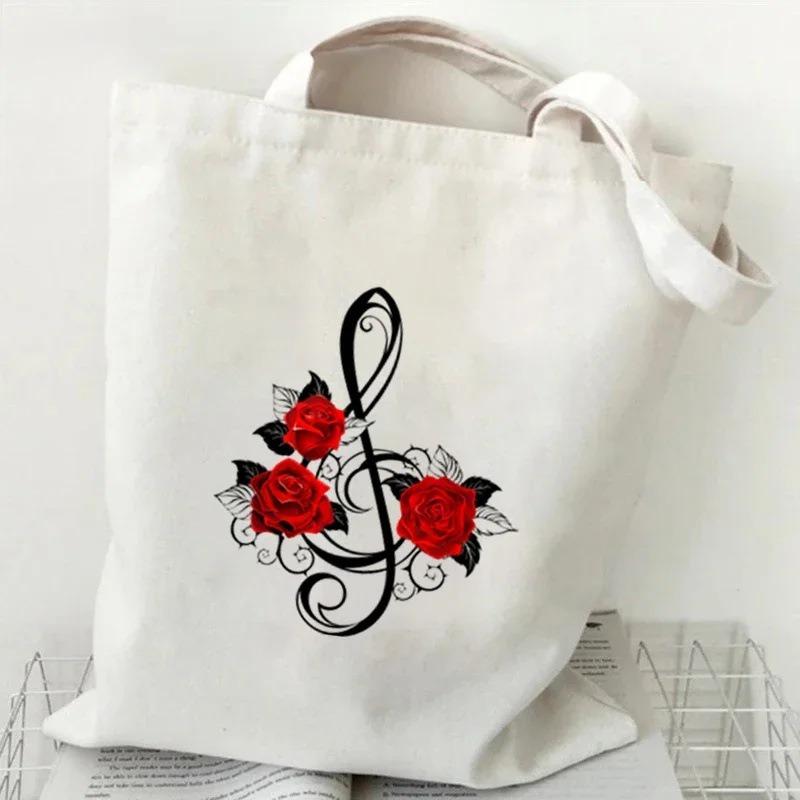 Music Heartbeat Printed Canvas Bag Shoulder Bag Folding Bag Handheld Shopping Bag Large Capacity Durable Eco Friendly Bag