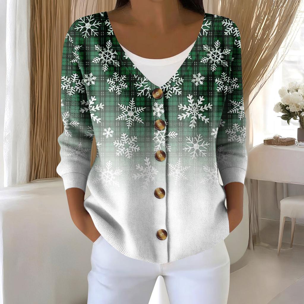 Damemote Langermet Christmas Snowman Snowflake Print Jakke Cardigan