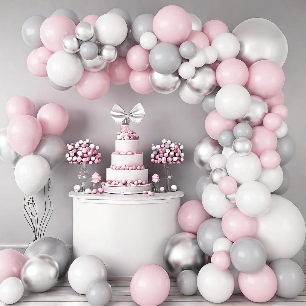 97PCS pink, white, silver, gray latex balloon set suitable for birthday parties, weddings, Valentine's Day parties, decoration