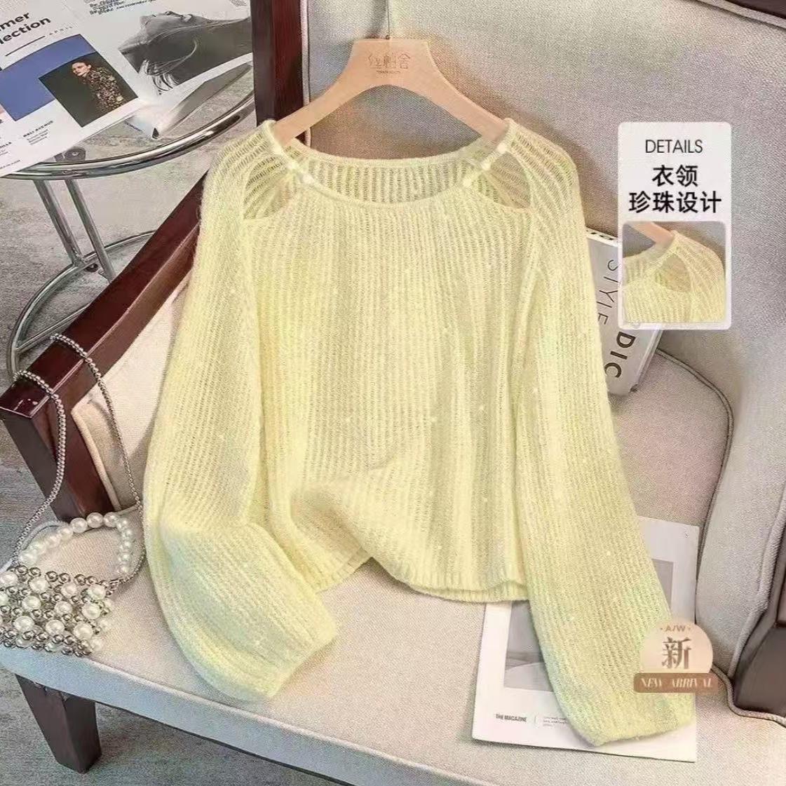

Knitted Shirt for Women Solid Color Hollow Round Neck Top Thin Long Sleeve Pullover Shirts 3XL світло-жовтого кольору